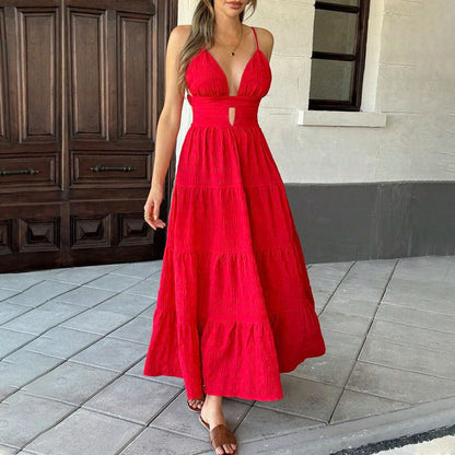 Women's sexy red camisole dress with spring and summer V-neck, European and American big swing long skirt