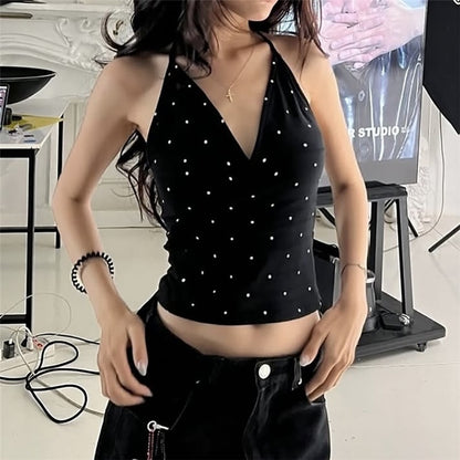 V-neck polka dot print sleeveless slim fit versatile crop top with exposed navel strap