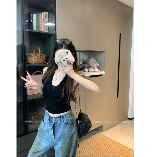 Sexy Backless Halter Neck Strapless Crop Top for Women Spicy Girl Tie Design Short Section Blouse