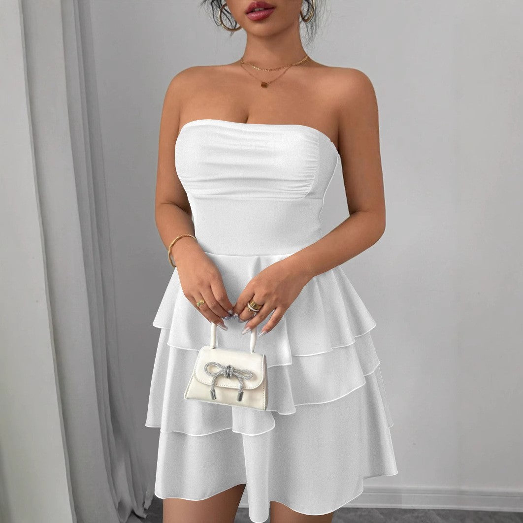 Women's Summer New Fashion Backless Internet Celebrity Style Short Skirt European and American Sexy Halter Solid Color Cake-style Short Skirt