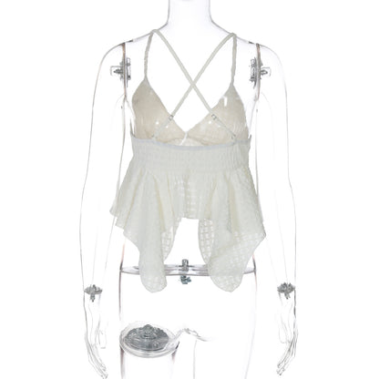 Women's Low-Cut V-Neck Solid Texture Halter Backless Crop Top