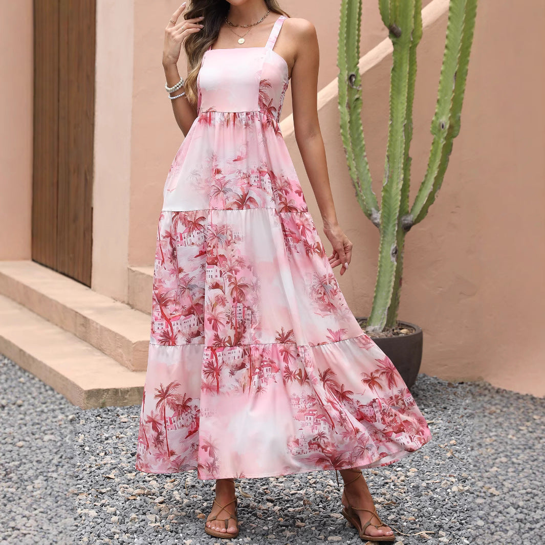 Real Shot Summer Strapless Ink Pocket Dress Beach Vacation Coconut Tree Bohemian Maxi Skirt