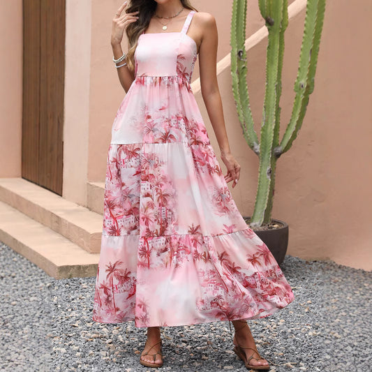 Real Shot Summer Strapless Ink Pocket Dress Beach Vacation Coconut Tree Bohemian Maxi Skirt