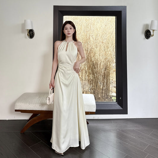 Hanging neck satin French minimalist temperament elegant long skirt for women