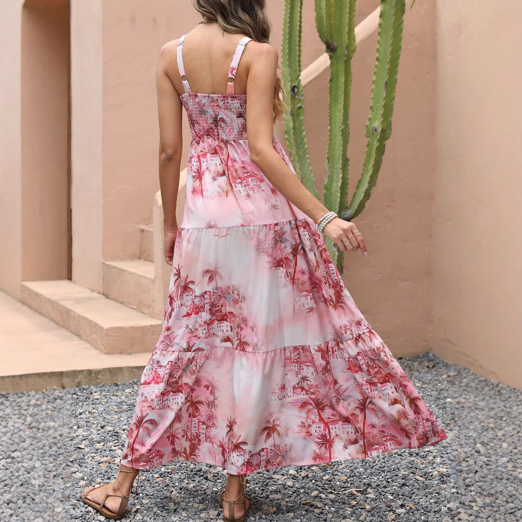 Real Shot Summer Strapless Ink Pocket Dress Beach Vacation Coconut Tree Bohemian Maxi Skirt