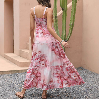 Real Shot Summer Strapless Ink Pocket Dress Beach Vacation Coconut Tree Bohemian Maxi Skirt