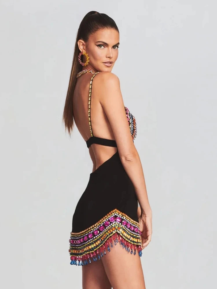 Sexy Strap V Neck Colorful Crystal Bandage Dress Women Black Sleeveless Diamonds Bodycon Dresses Nightclub Party Evening Gowns