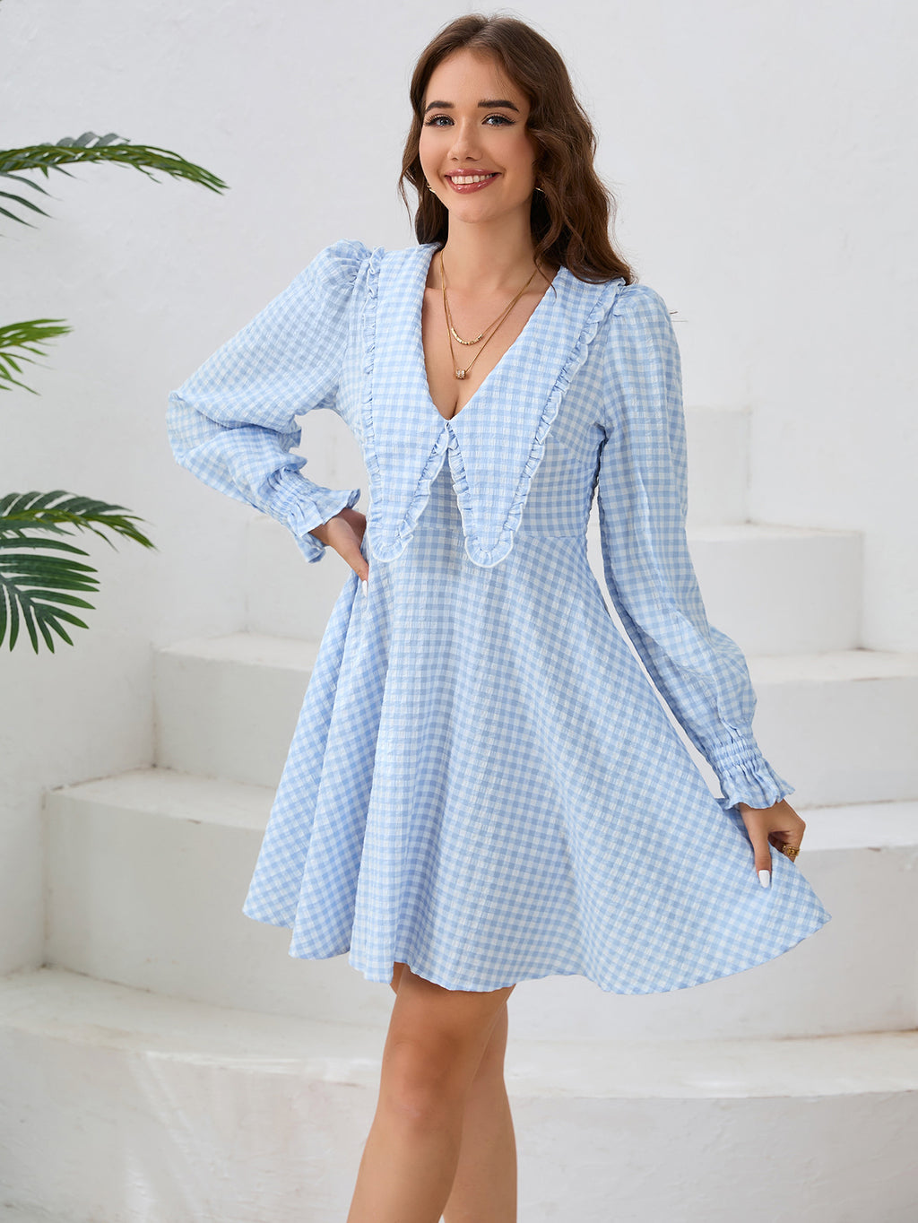 Women's plaid large lapel dress