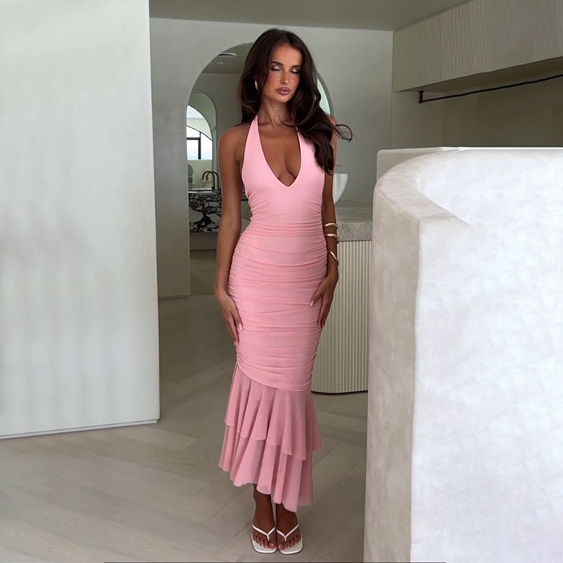 U-neck backless cake slim fit lace up hanging neck long dress