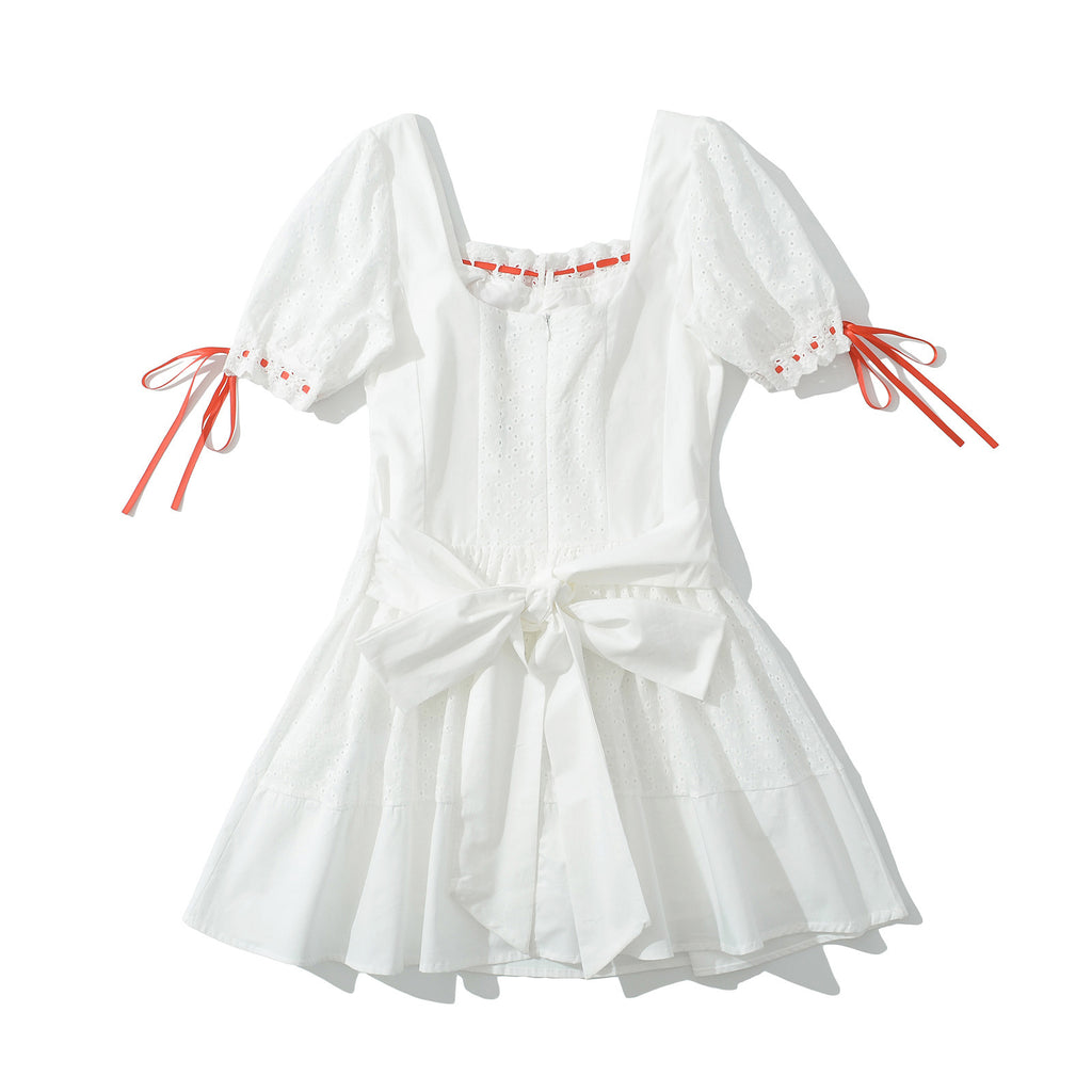 Women's Clothing Bow Design White Lace Hollow Short Dress