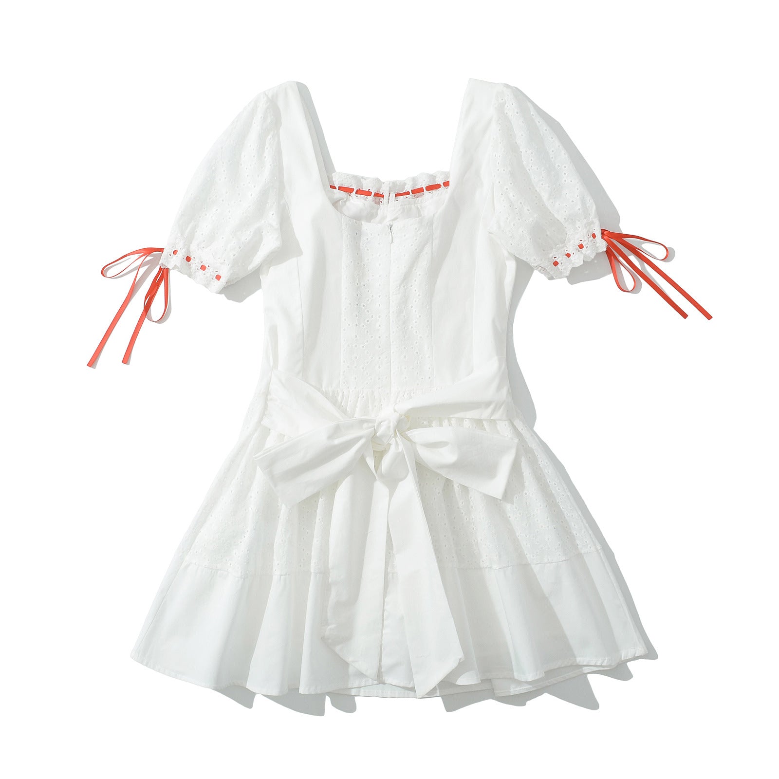Women's Clothing Bow Design White Lace Hollow Short Dress
