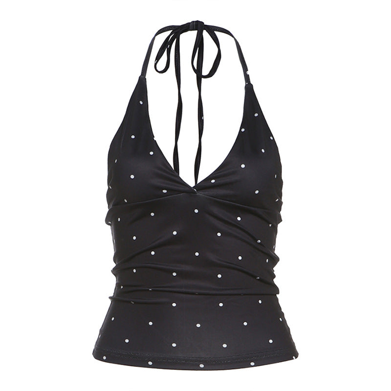 V-neck polka dot print sleeveless slim fit versatile crop top with exposed navel strap