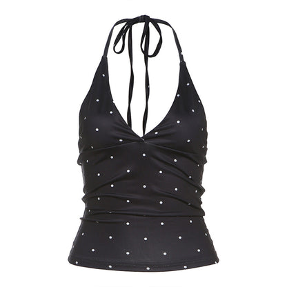 V-neck polka dot print sleeveless slim fit versatile crop top with exposed navel strap