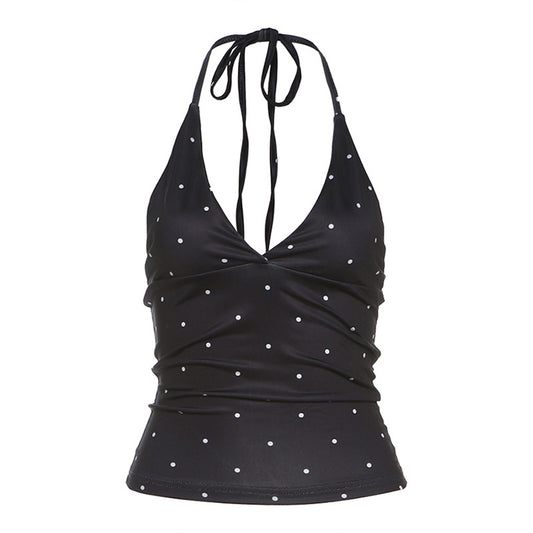 V-neck polka dot print sleeveless slim fit versatile crop top with exposed navel strap