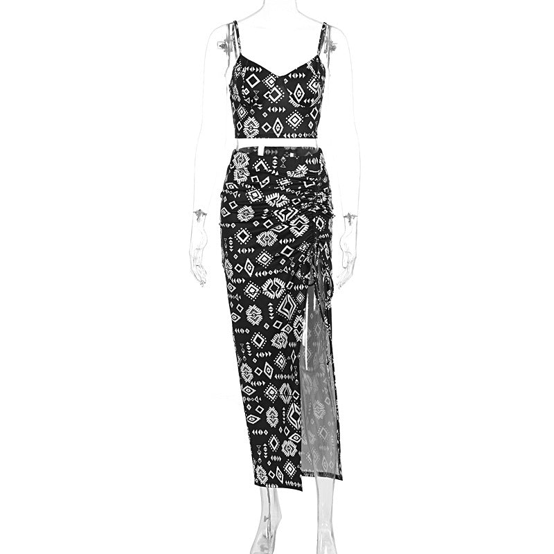 Floral women's camisole top mid length skirt set