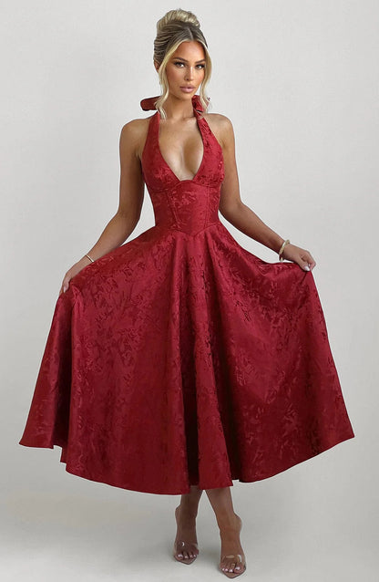 Women's French Holiday Style V-Neck Sleeveless Jacquard Waist-Tied Long Dress Y2K