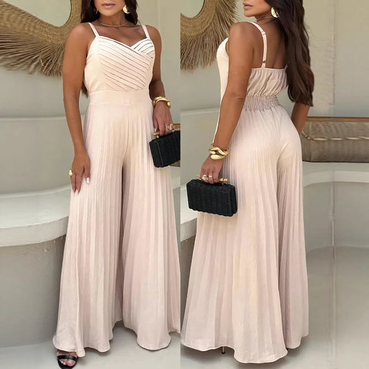 Apricot Pleated Craft Strap Waist Wide Leg Flared Jumpsuit