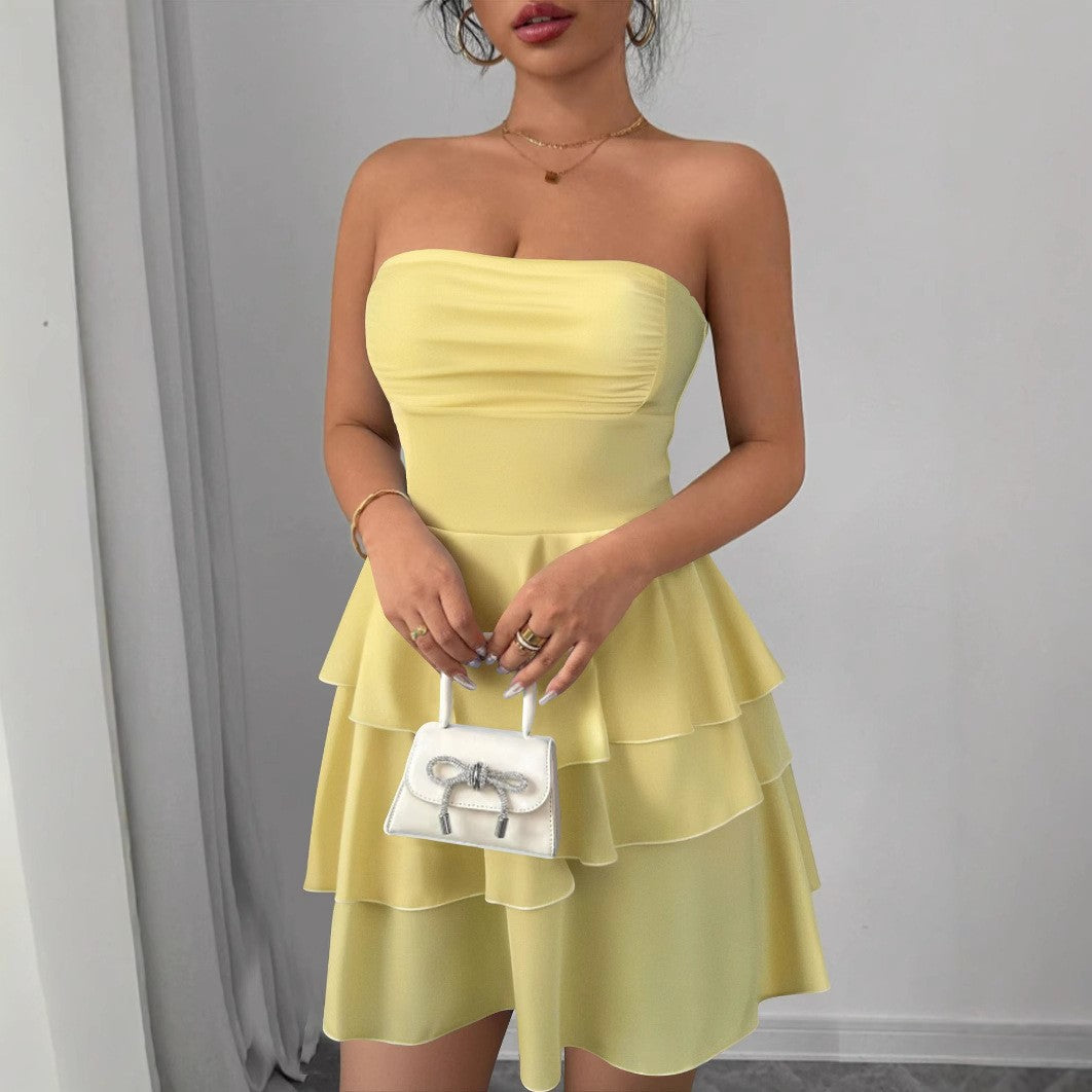 Women's Summer New Fashion Backless Internet Celebrity Style Short Skirt European and American Sexy Halter Solid Color Cake-style Short Skirt