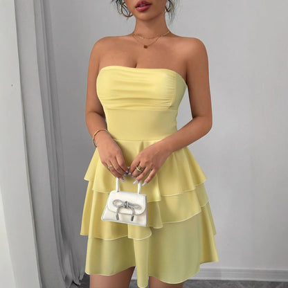 Women's Summer New Fashion Backless Internet Celebrity Style Short Skirt European and American Sexy Halter Solid Color Cake-style Short Skirt