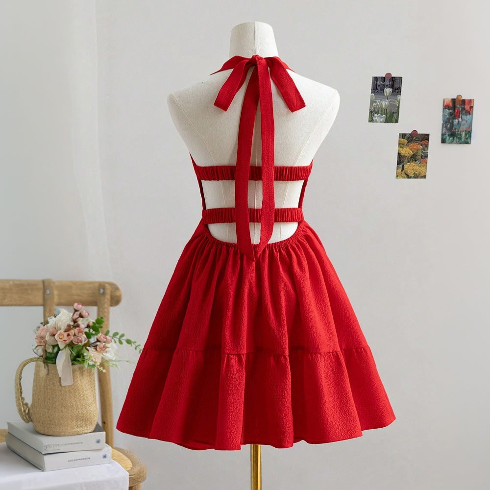 Women's sexy neck hanging red dress, pure desire backless short skirt