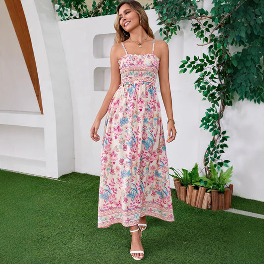 Real Shot Ethnic Print Bohemian Tie-up Backless Dress Beach Summer Strap Long Dress