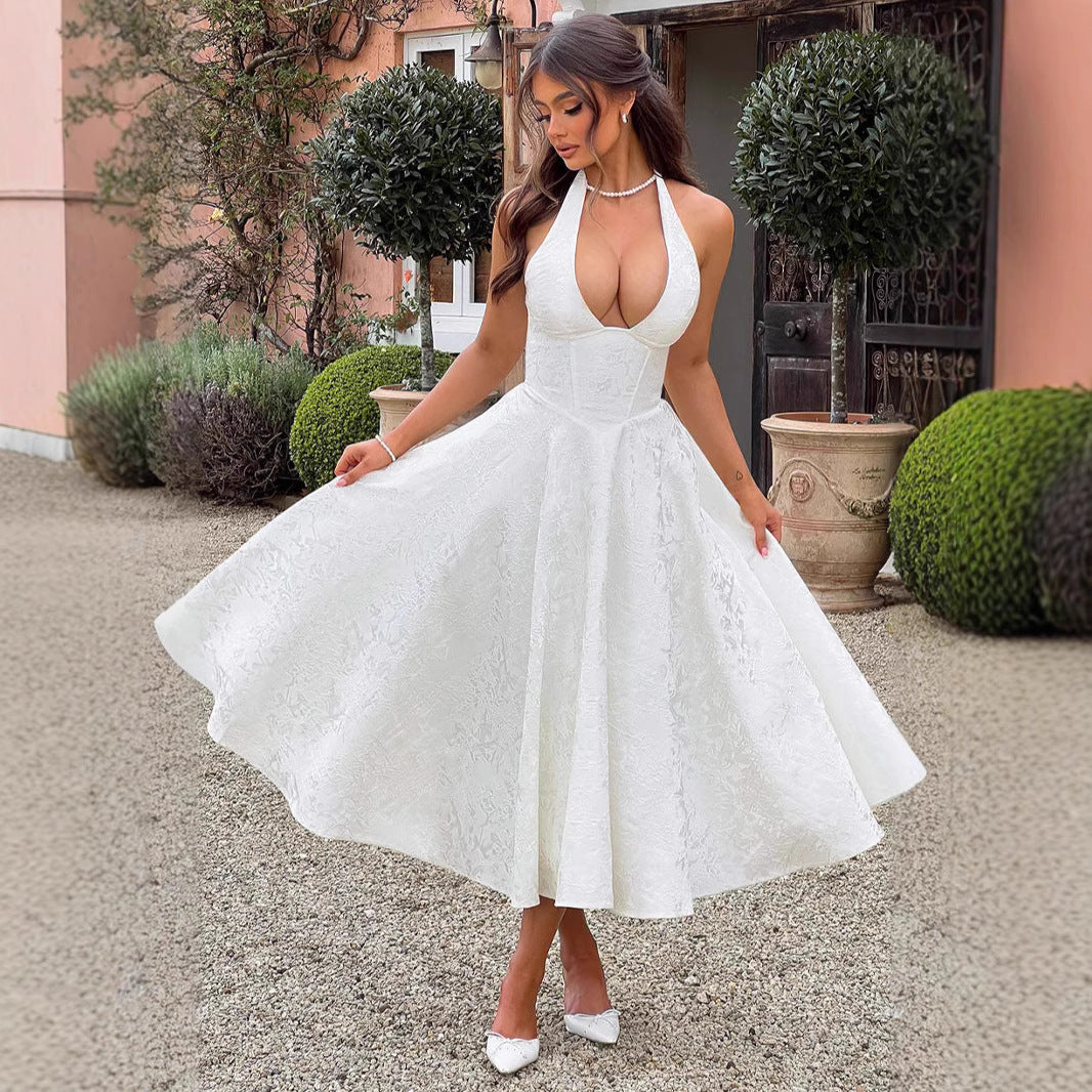 Women's French Holiday Style V-Neck Sleeveless Jacquard Waist-Tied Long Dress Y2K