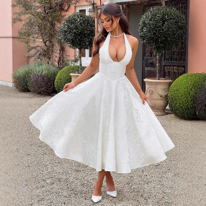 Women's French Holiday Style V-Neck Sleeveless Jacquard Waist-Tied Long Dress Y2K