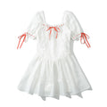 Women's Clothing Bow Design White Lace Hollow Short Dress