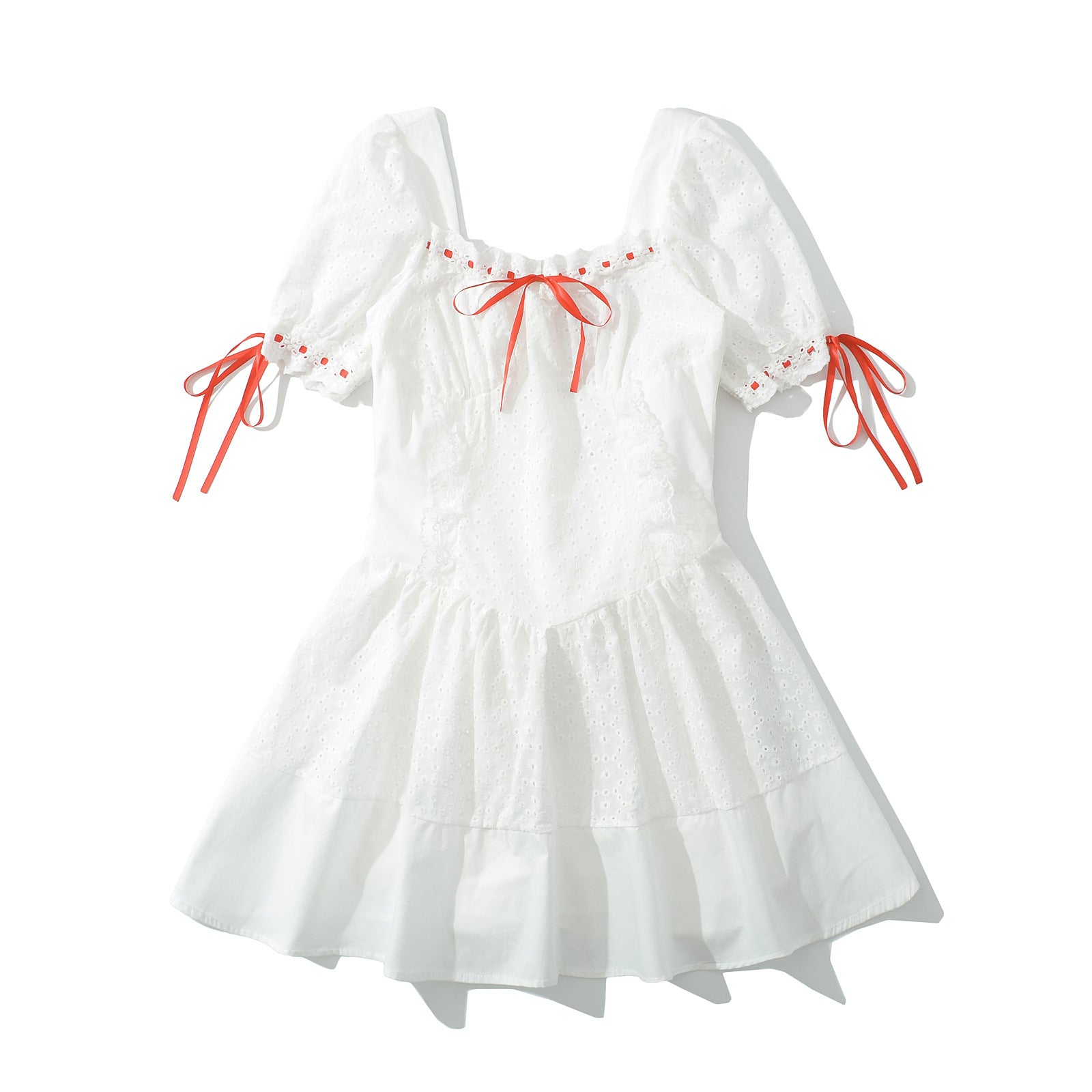Women's Clothing Bow Design White Lace Hollow Short Dress