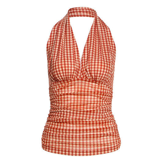 Sexy plaid deep V-neck strap slimming top with exposed back and slim fit