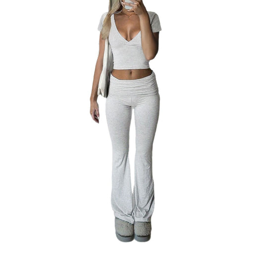 V-neck T-shirt and micro flared pants 2-piece set