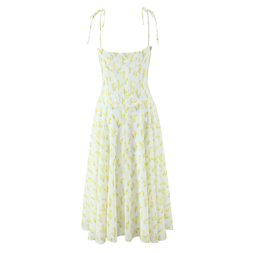 Irregular slit floral lace up suspender dress
