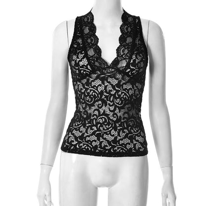 Sexy Lace Sheer V-Neck Sleeveless Bodycon T-Shirt Top