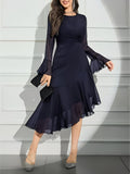 Elegant Round Neck Dress with Irregular Ruffle Pleats Slim Fit Long Sleeve New Style