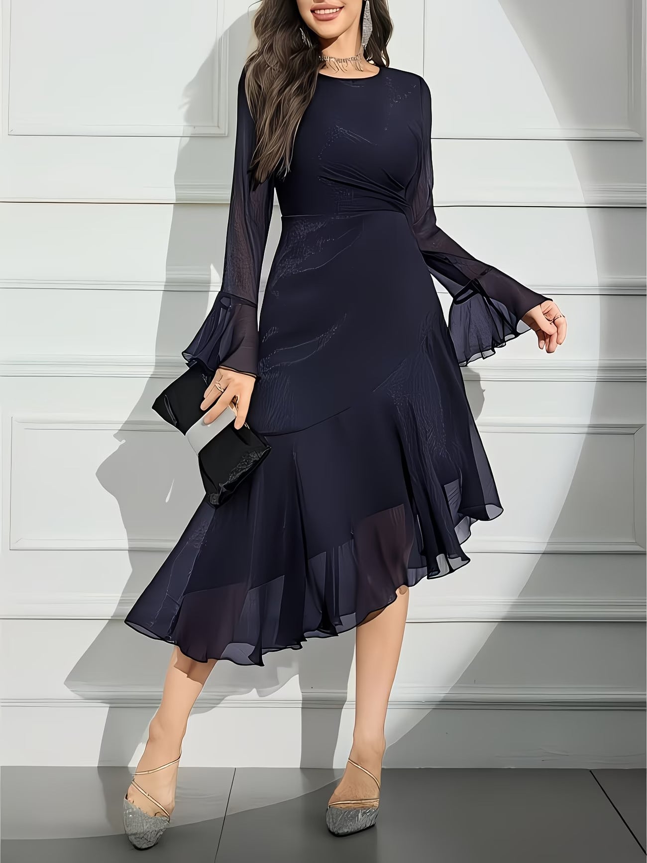 Elegant Round Neck Dress with Irregular Ruffle Pleats Slim Fit Long Sleeve New Style