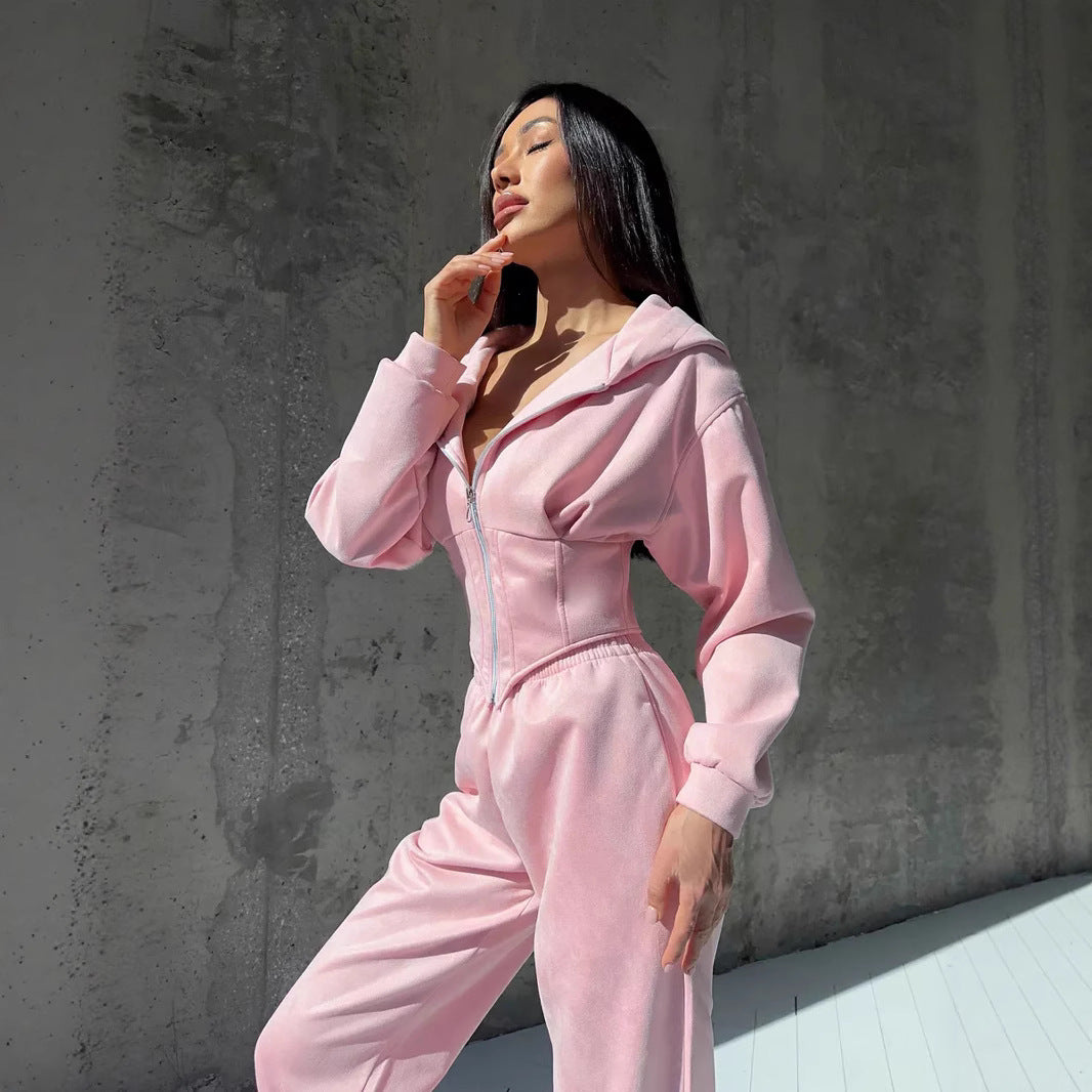 Women's Solid Color Waist Hoodie Pants Set