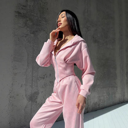 Women's Solid Color Waist Hoodie Pants Set