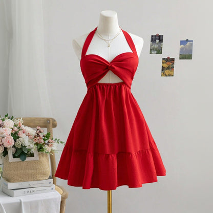 Women's sexy neck hanging red dress, pure desire backless short skirt