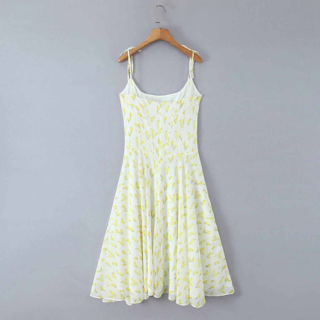 Irregular slit floral lace up suspender dress