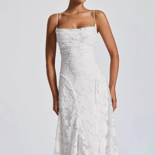 Elegant Romantic Jacquard Solid Evening Dress Slim Backless Lace Long Woven Strapless Gown