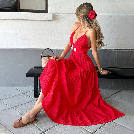 Women's sexy red camisole dress with spring and summer V-neck, European and American big swing long skirt