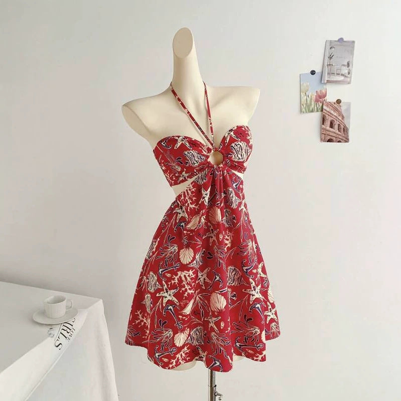 Bohemian Beach Vacation Strapless Crop Top Dress Red Ocean Floral Cut-Out Waist Dress