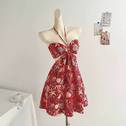 Bohemian Beach Vacation Strapless Crop Top Dress Red Ocean Floral Cut-Out Waist Dress