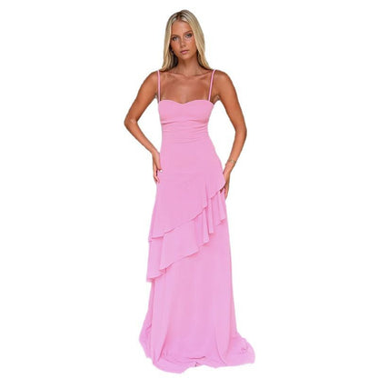 Solid color sexy backless long suspender dress