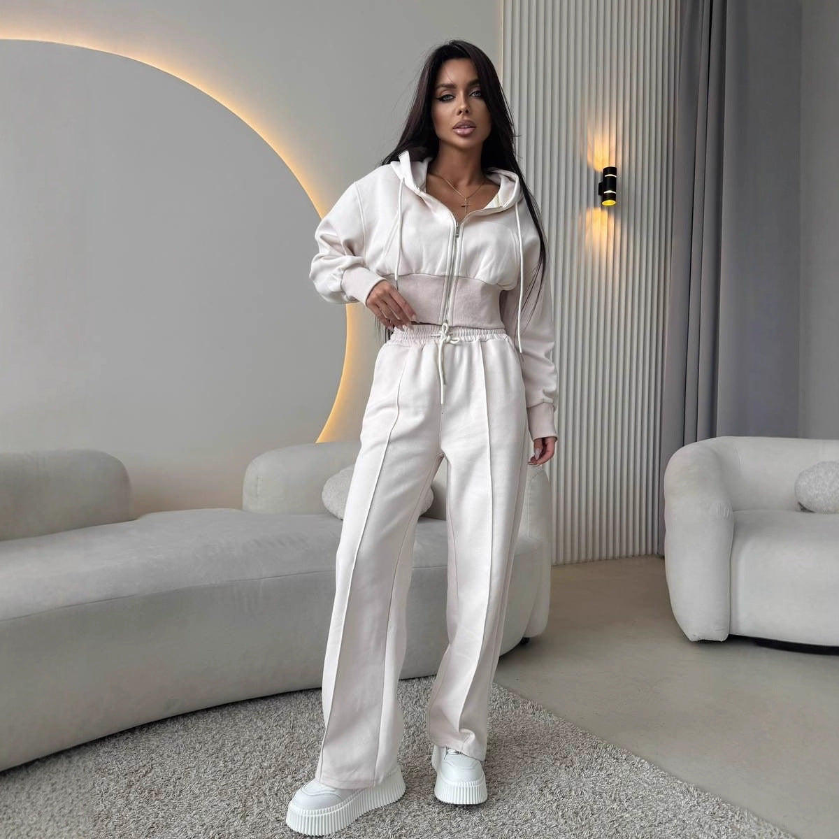 Waist up hooded sweatshirt tie up wide leg pants two-piece set