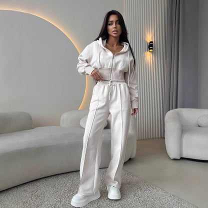 Waist up hooded sweatshirt tie up wide leg pants two-piece set