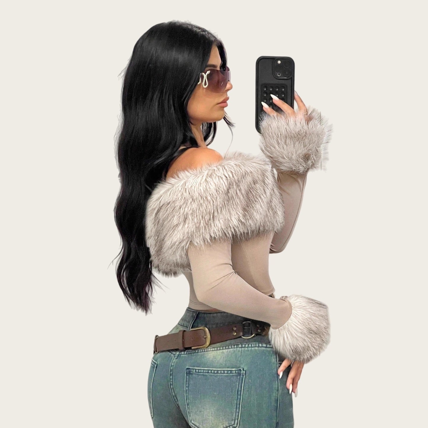 Chic Faux Fur Collar Off-Shoulder Long Sleeve Women's T-Shirt, Fashion Streetwear, Slim Fit, Casual Top for Spring and Autumn