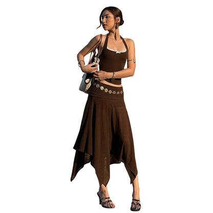 Hanging neck sleeveless top high waist hip hugging skirt set