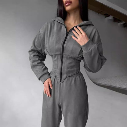 Women's Solid Color Waist Hoodie Pants Set