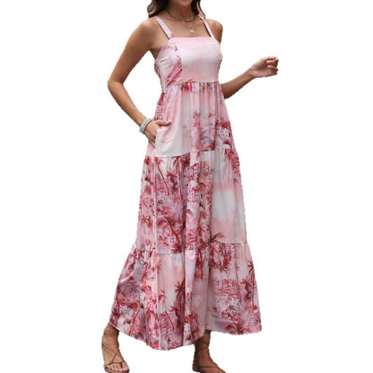 Real Shot Summer Strapless Ink Pocket Dress Beach Vacation Coconut Tree Bohemian Maxi Skirt
